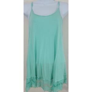 Moral Fiber Light Green Double Scoop Slub Knit Tank Top Medium Lace Hem Flowy